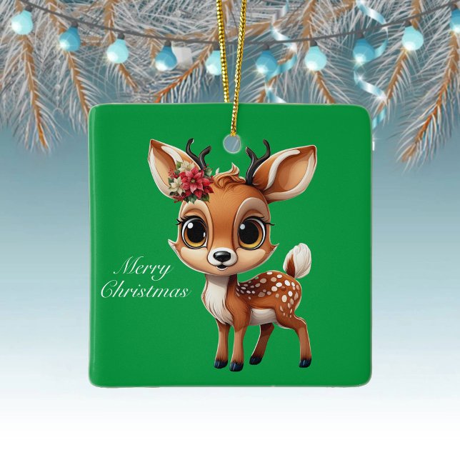 Baby Deer, Fawn, Doe, Reindeer🦌 🎄Merry Christmas Ceramic Ornament (Reindeer, Floral Fawn Doe Poinsettia Customizable Merry Christmas Green Square Ceramic Ornament🦌🎄)