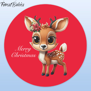 Baby Deer, Fawn, Doe, Reindeer🦌 🎄Red Christmas Classic Round Sticker