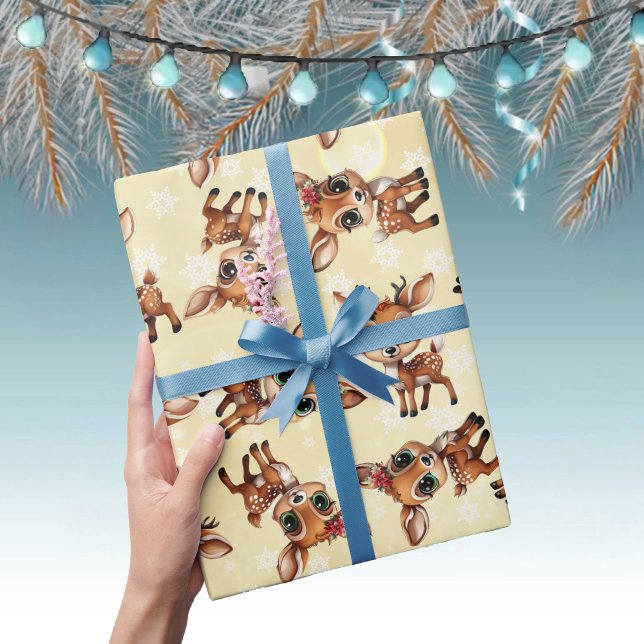 Baby Deer, Fawn, Doe, Reindeer🦌🎄Gold, Snowflake Wrapping Paper (Cute Baby Floral Deer, Fawn, Doe Lover Reindeer Antlers Snowflake Pattern Gold Wrapping Paper 🦌 🎄)