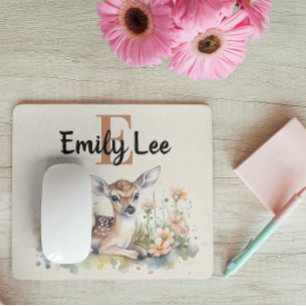 Baby Deer Fawn Floral Watercolor Monogram Mouse Pad