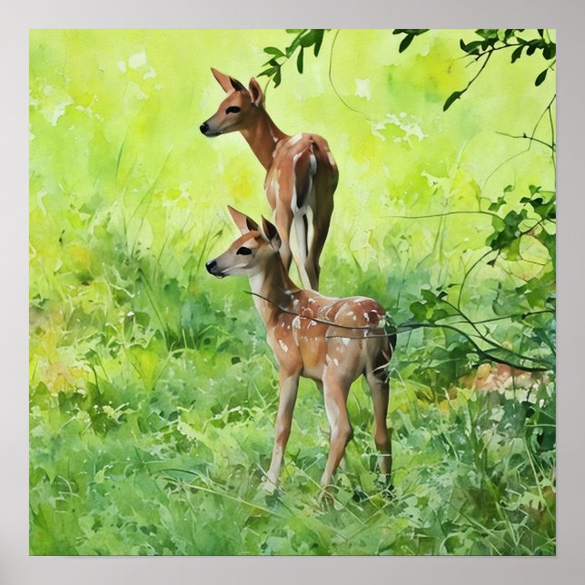 Baby Deer Fawn Twins in Nature Watercolor Art Poster (Front)