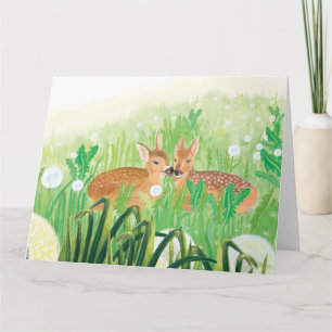 Baby Deer - Fawns in Tall Grass Illustration  Card