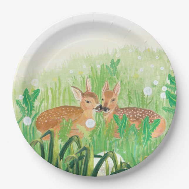 Baby Deer - Fawns in Tall Grass Illustration  Paper Plate (Front)
