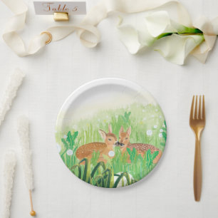 Baby Deer - Fawns in Tall Grass Illustration Paper Plate