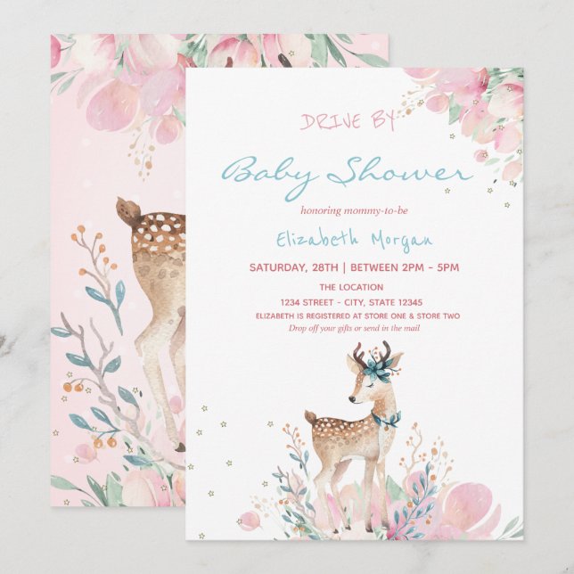 Baby Deer Floral Drive By Baby Shower  Invitation (Front/Back)