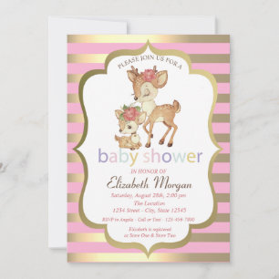 Baby Deer Flower Gold Stripe Baby Shower  Invitation