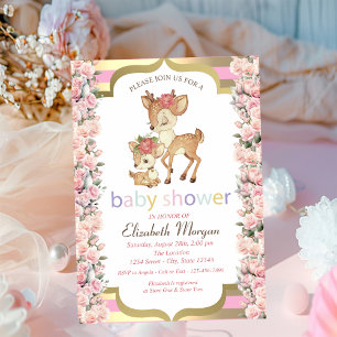 Baby Deer Flower Gold Stripe Roses Baby Shower  Invitation
