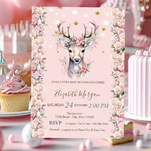Baby Deer Flowers Holly Berry Stars Baby Shower  Invitation