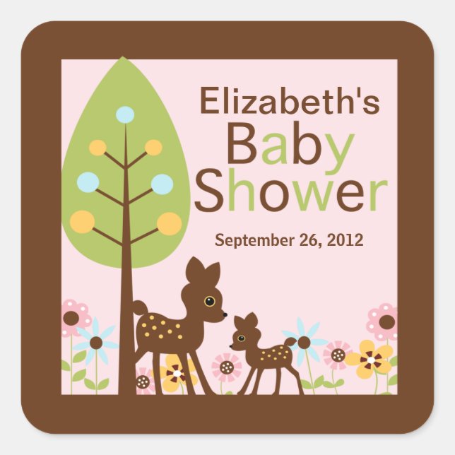 Baby Deer Girl Baby Shower Invitation Square Sticker (Front)