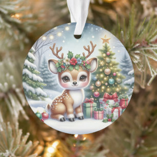 Baby Deer & Holly Crown Snow Scene Ornament