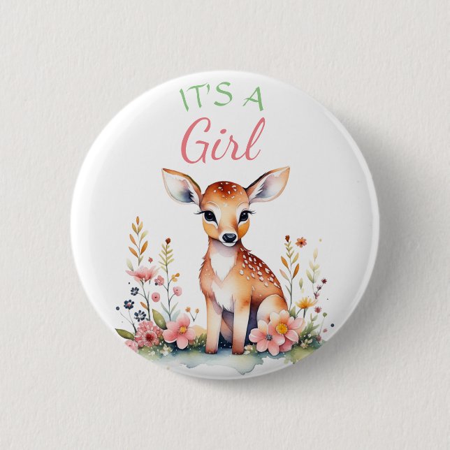 Baby Deer in Flowers | It's a Girl Baby Shower 6 Cm Round Badge (Front)