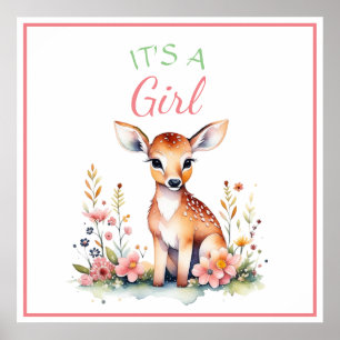 Baby Deer in Flowers   It's a Girl Baby Shower Poster