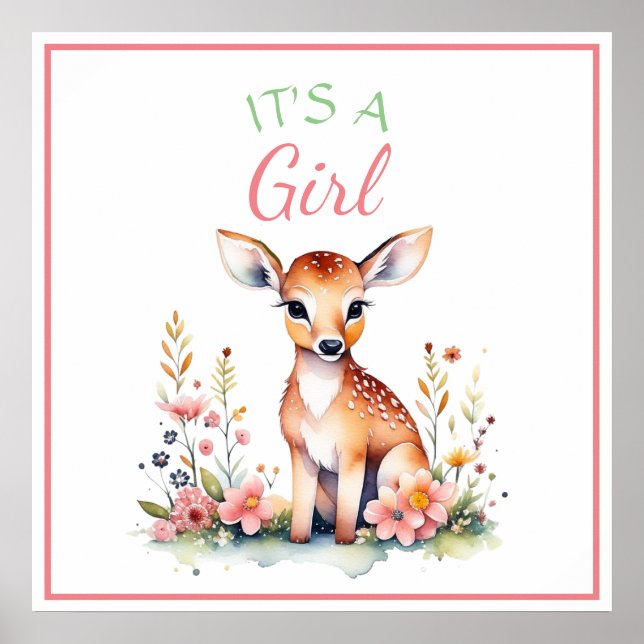 Baby Deer in Flowers | It's a Girl Baby Shower Poster (Front)