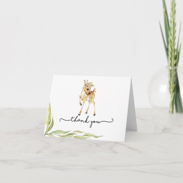 Baby Deer In Greenery Baby Shower Thank You Card (Front)