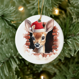 Baby Deer in Santa Hat - 3D Ceramic Ornament