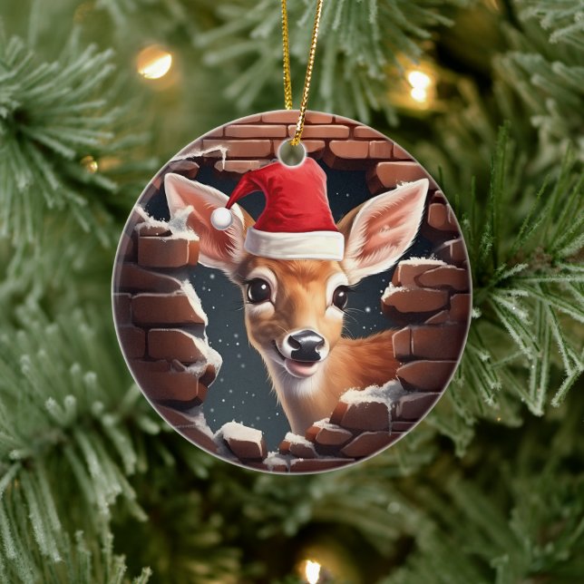 Baby Deer in Santa Hat  Ceramic Ornament (Tree)