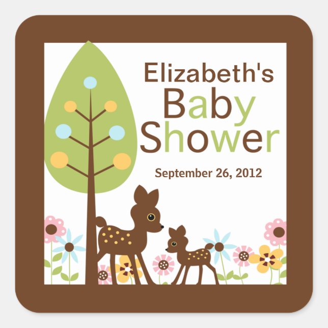 Baby Deer Neutral Baby Shower Invitation Square Sticker (Front)