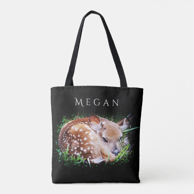 Baby Deer Personalised Custom Name Black Tote Bag (Back)