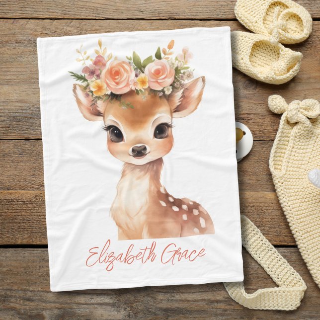 Baby Deer Pink Flowers on Head Baby Girl Gift Fleece Blanket (Baby Deer with Pink Flowers on head Baby Blanket. Personalize it Monogram it with babies name.)