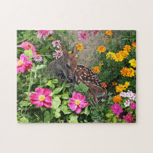 Baby Deer Resting Among Flowers in Woods Jigsaw Puzzle