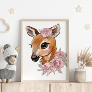 Baby Deer Rose Animal Poster Wall Print