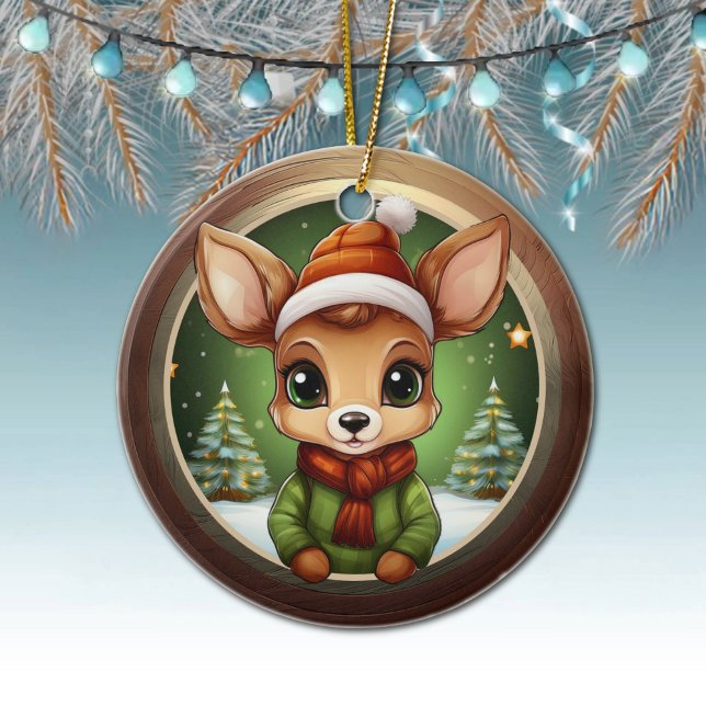 Baby Deer Rustic Doe Character Fawn Xmas Tree 🦌🎄 Ceramic Ornament (Rustic Xmas Reindeer, Christmas fawn Decor, Deer Decoration, Fawn with Antlers Ceramic Ornament 🦌🎄)
