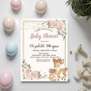 Baby Deer String Lights,Floral Baby Shower Invitation