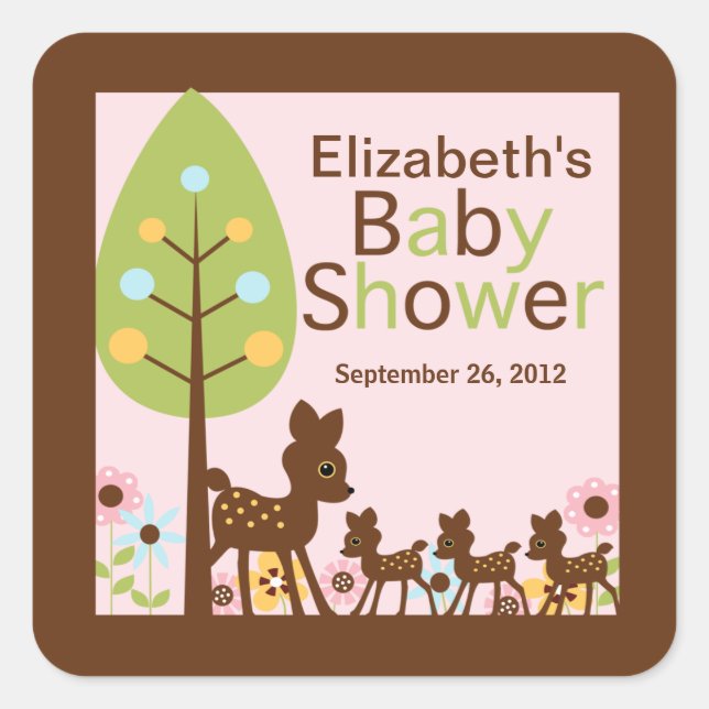 Baby Deer Triplets Multiple Baby Shower Invitation Square Sticker (Front)