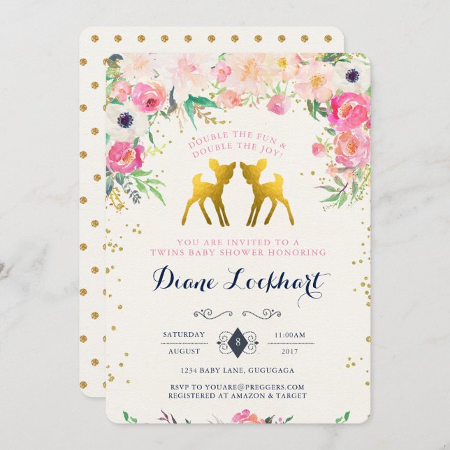 Baby Deer Twin Baby Shower Invitation (Front/Back)
