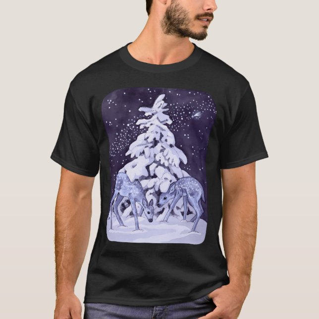 Baby Deer Under A Snow Covered Pine Tree Illustrat T-Shirt (Front)