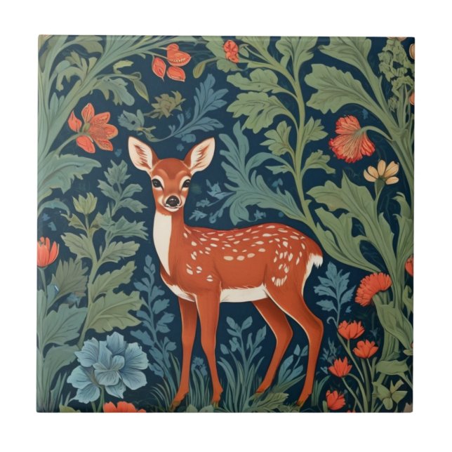 Baby Deer William Morris style Left Facing Fawn Ceramic Tile (Front)