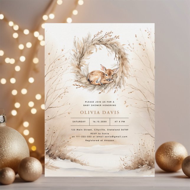 Baby Deer Winter Beige Baby Shower Invitation (Creator Uploaded)