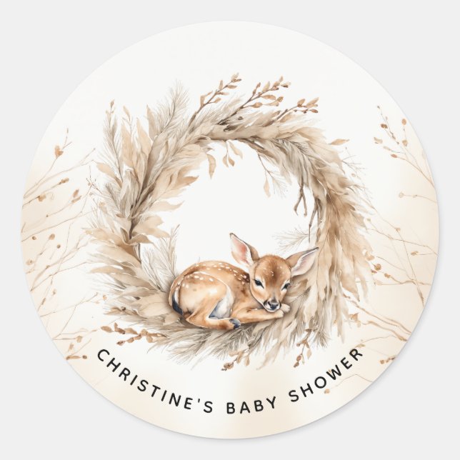 Baby Deer Winter Modern Baby Shower Thank You Classic Round Sticker (Front)