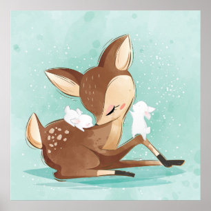 Baby deer with a baby bunny  poster
