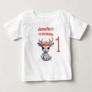 Baby Deer with Antlers and Flower 1st Birthday Baby T-Shirt