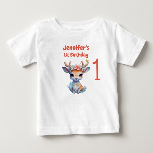 Baby Deer with Antlers and Flower 1st Birthday T-Shirt (Front)