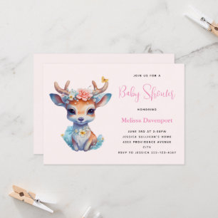 Baby Deer with Antlers and Flowers Baby Shower Invitation