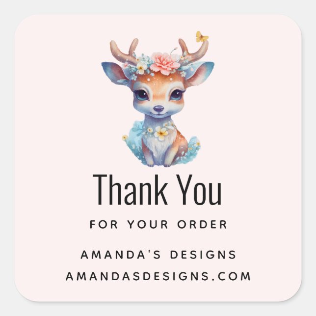 Baby Deer with Antlers and Flowers Business Thanks Square Sticker (Front)