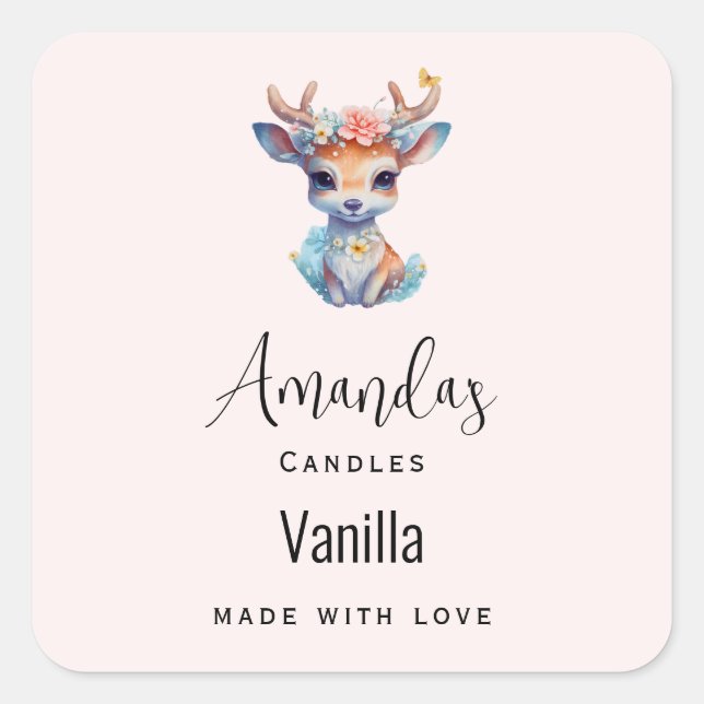 Baby Deer with Antlers and Flowers Candle Business Square Sticker (Front)