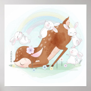Baby deer with baby bunnies  poster
