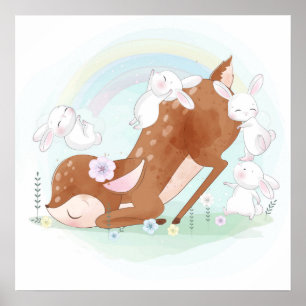 Baby deer with baby bunnies  poster