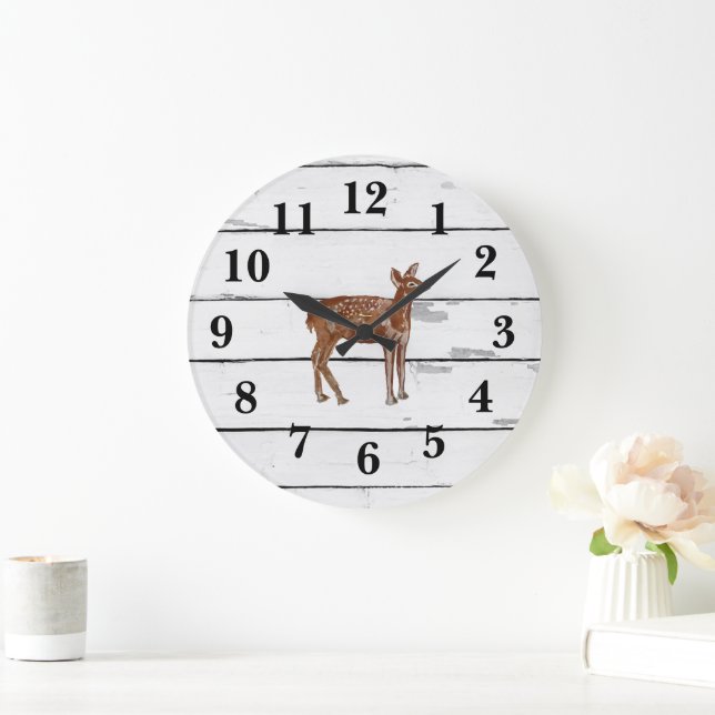 Baby Deer Woodland Animal Painting Shiplap Large Clock (Home)
