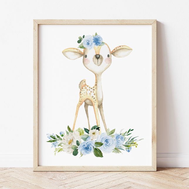Baby Deer, Woodland Animals, Boho, Blue Flowers Poster (Creator Uploaded)