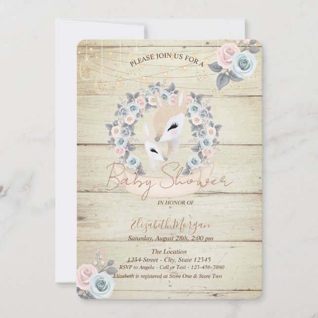 Baby Deers Wood Texture Flowers Baby Shower Invitation (Front)