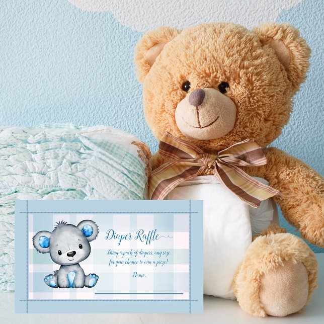 Baby Diaper Raffle Cute Bear Boy Plaid Shower Game Enclosure Card (Creator Uploaded)