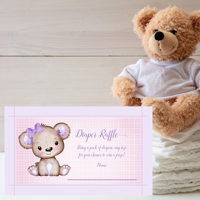 Baby Diaper Raffle Cute Purple Bear Girl Shower Enclosure Card (Creator Uploaded)
