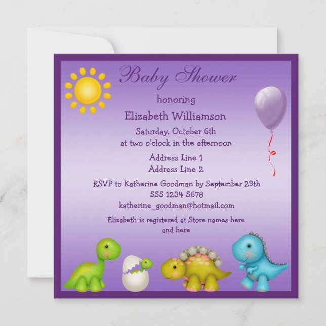 Baby Dino and Dinosaurs Purple Baby Shower Invitation (Front)