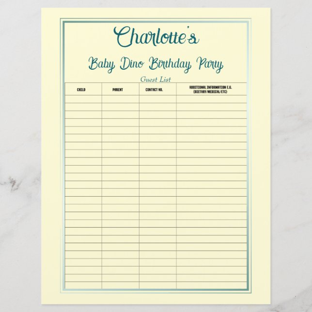 Baby Dino Birthday Party Guest List (Front)