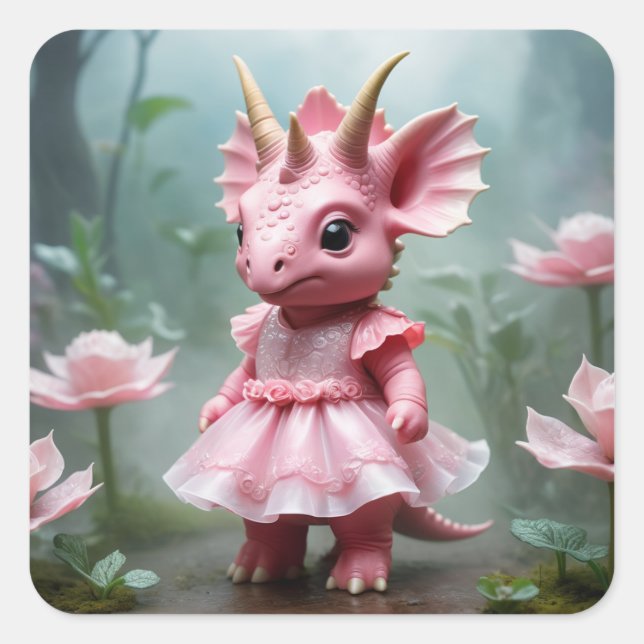Baby Dino in a Pink Dress Square Sticker (Front)