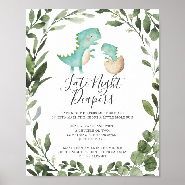 Baby Dinosaur Baby Shower Late Night Diapers Sign (Front)